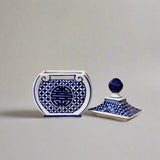 Blue & White Longevity Ceramic Oval Trinket Jar with Lid