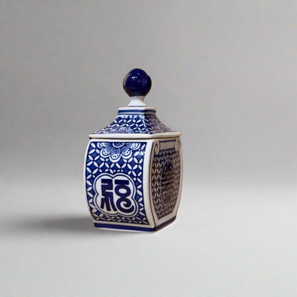 Blue & White Longevity Ceramic Oval Trinket Jar with Lid