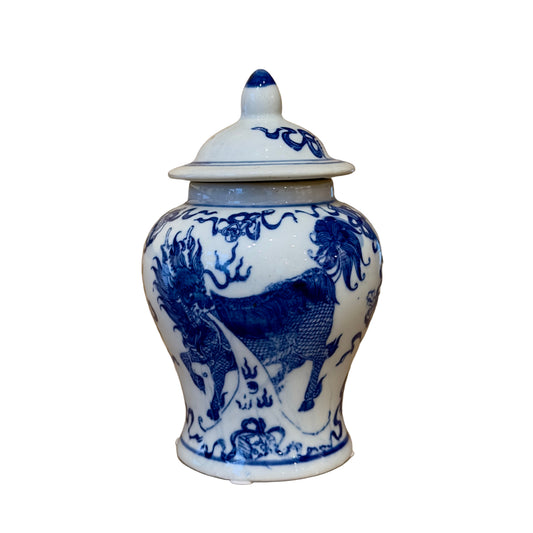 Blue & White Lion Ceramic Ginger Jar with Lid - Mini