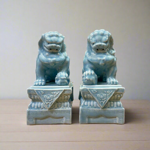 Sky Blue Chinoiserie Ceramic Fu Dog Lion Set