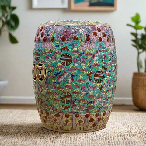 Chinoiserie Pink & Turquoise Coin Ceramic Stool