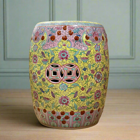 Chinoiserie Pink & Yellow Coin Ceramic Stool