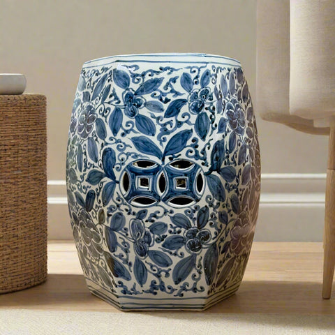 Chinoiserie Blue Petals Ceramic Stool