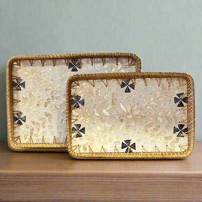 Neutral Floral Shell Inlay Woven Rattan Serving Tray