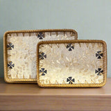 Neutral Floral Shell Inlay Woven Rattan Serving Tray