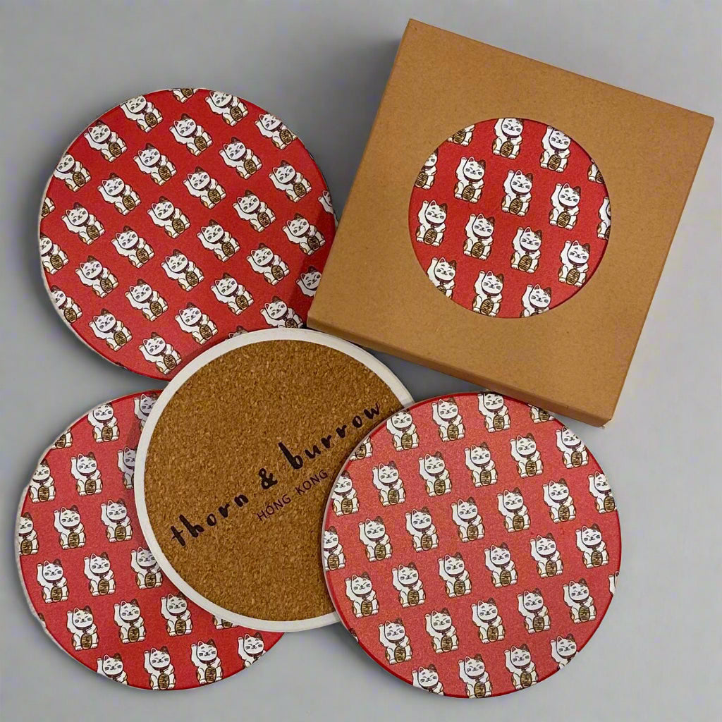 HK Icons Lucky Cat Coasters - Set of 4 - Thorn and Burrow