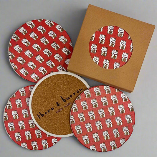 HK Icons Lucky Cat Coasters - Set of 4 - Thorn and Burrow
