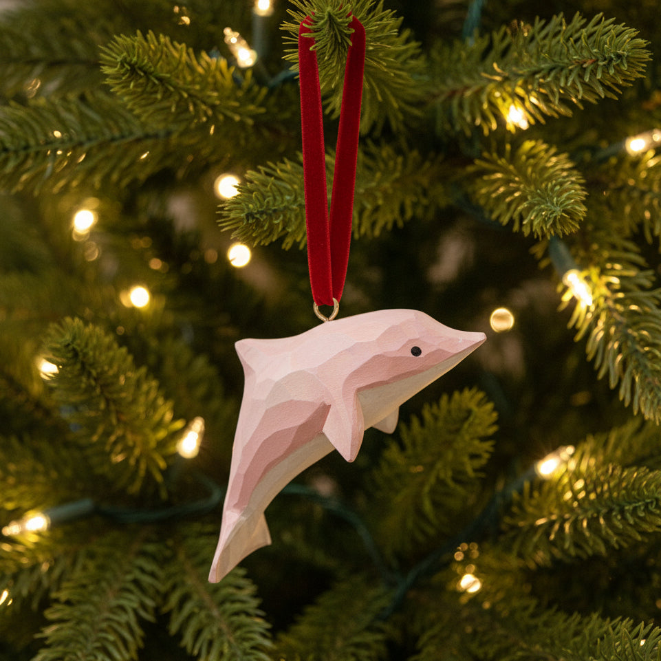Pink Dolphin Hand Carved Wooden Ornament - Thorn and Burrow