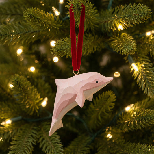 Pink Dolphin Hand Carved Wooden Ornament - Thorn and Burrow