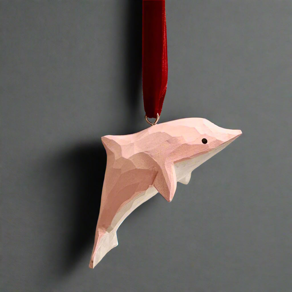 Pink Dolphin Hand Carved Wooden Ornament - Thorn and Burrow