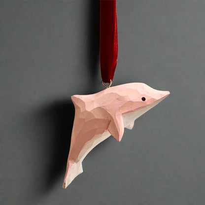 Pink Dolphin Hand Carved Wooden Ornament - Thorn and Burrow