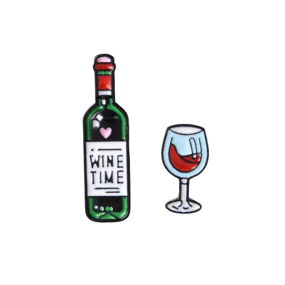 " Wine Time Glass & Bottle " Enamel Pins