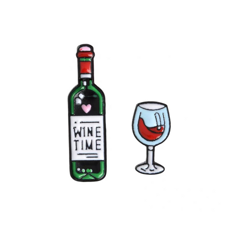 " Wine Time Glass & Bottle " Enamel Pins