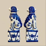 Blue & White Stripped Chinoiserie Ceramic Fu Dog Lion Set