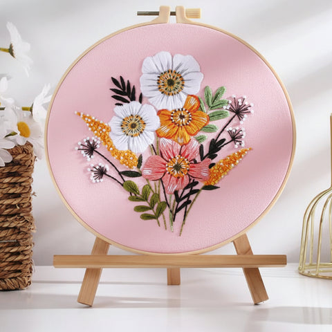 Embroidery DIY Art Kit: White, Orange and Pink Flowers