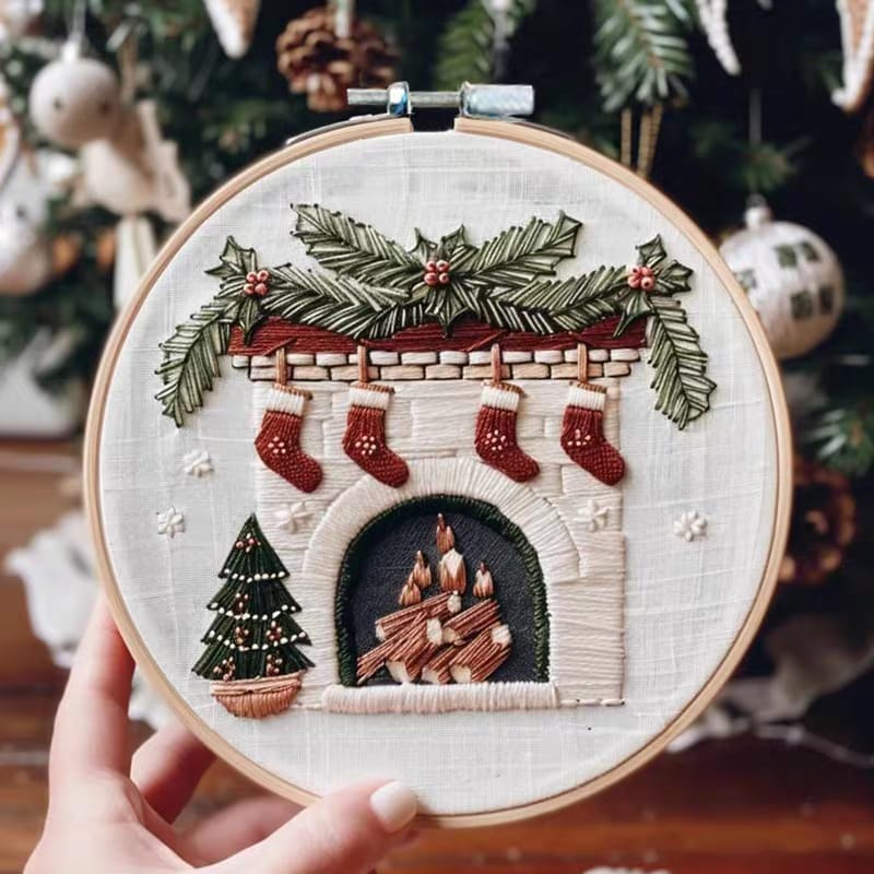 Embroidery DIY Art Kit: Christmas Fire Place