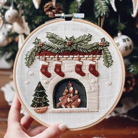 Embroidery DIY Art Kit: Christmas Fire Place
