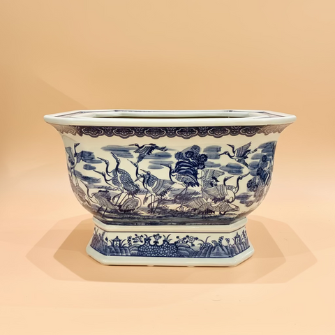 Blue & White Cranes Ceramic Planter Pot