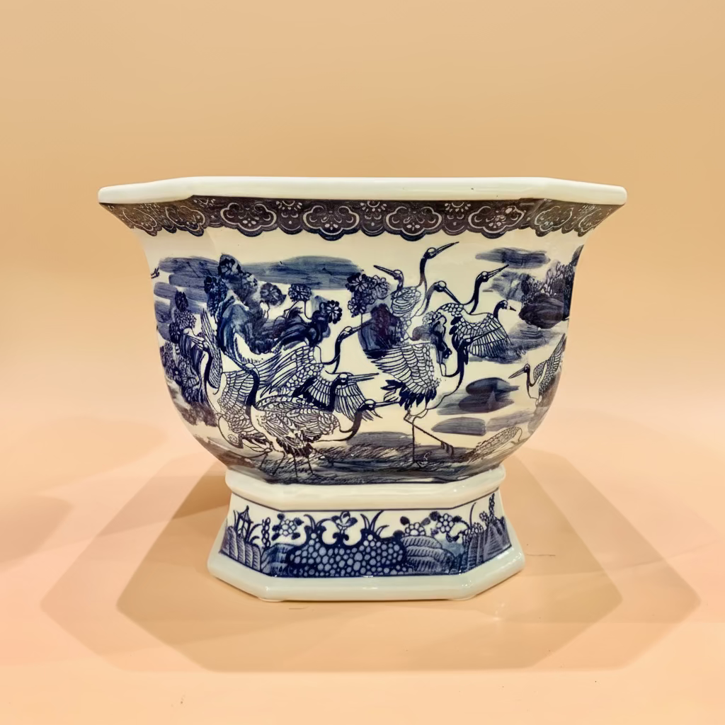 Blue & White Cranes Ceramic Planter Pot