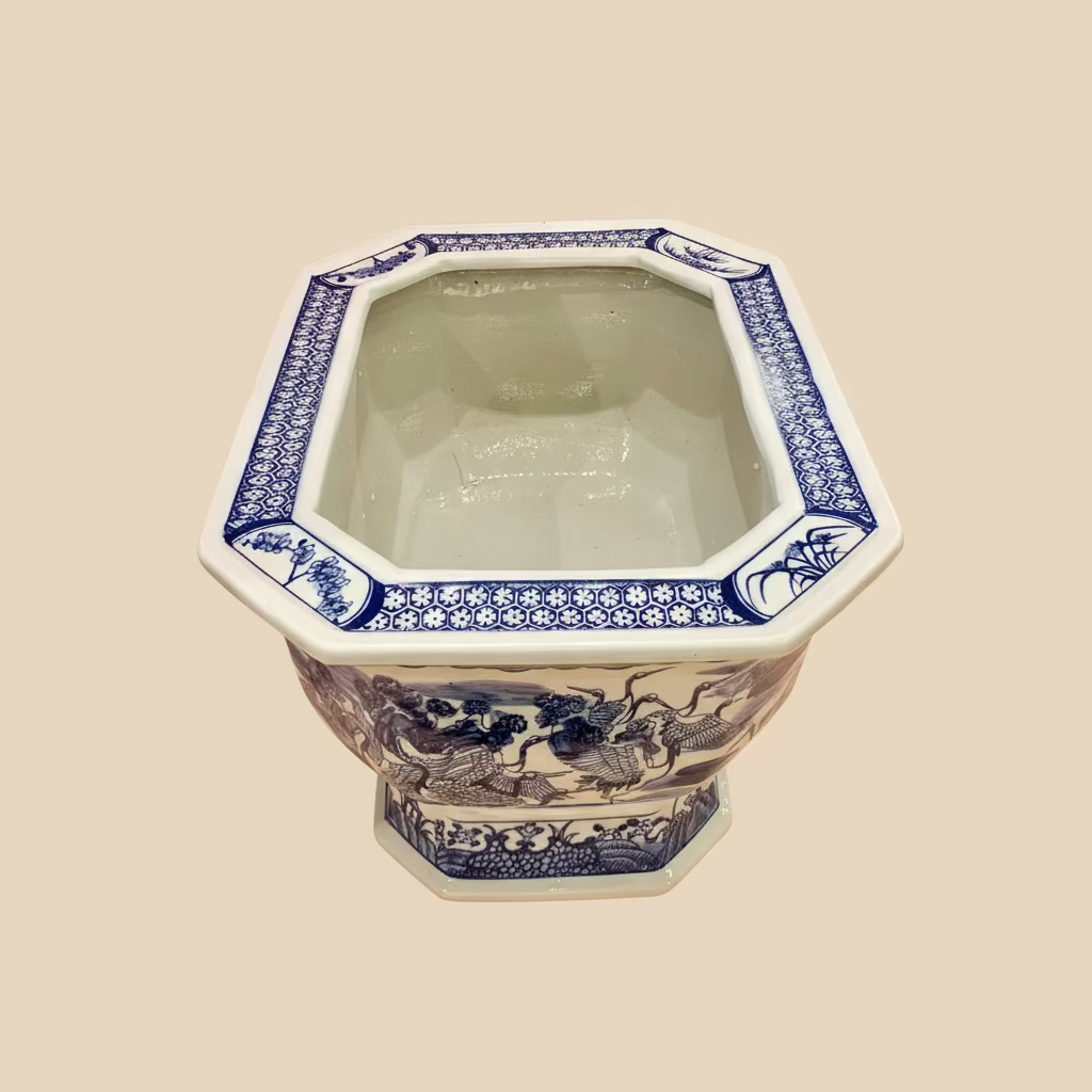 Blue & White Cranes Ceramic Planter Pot