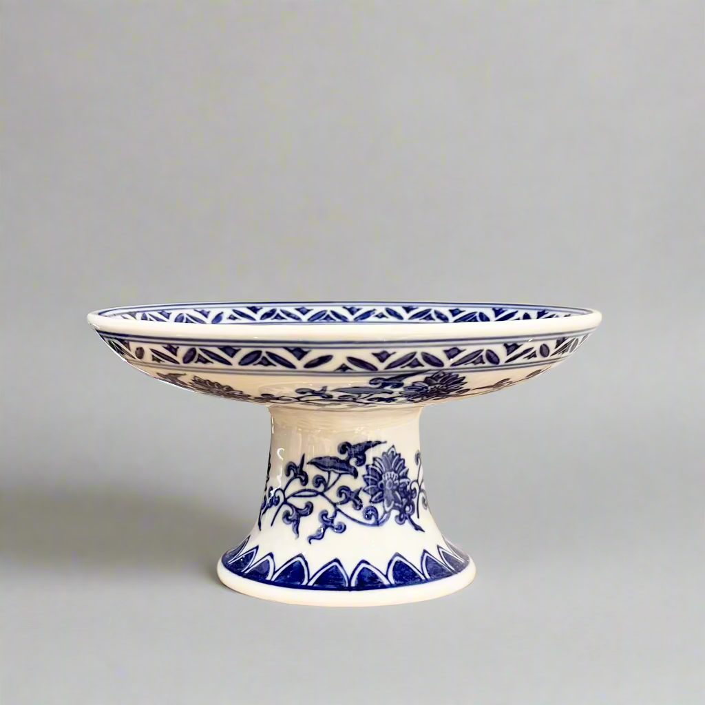 Blue & White Ceramic Pedestal Stand - Thorn and Burrow