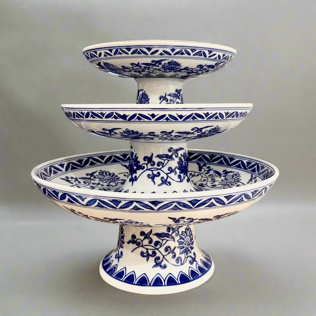 Blue & White Ceramic Pedestal Stand - Thorn and Burrow