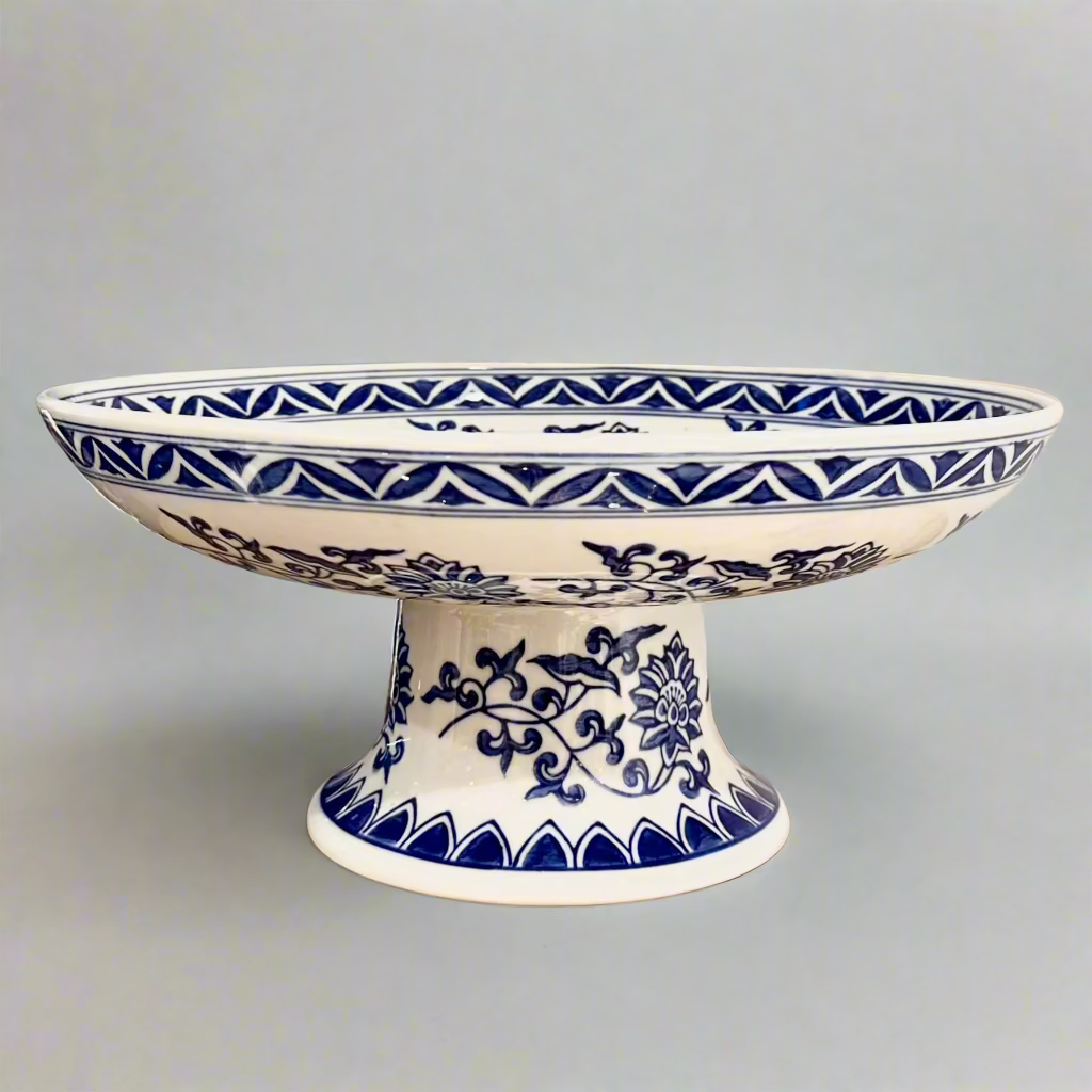 Blue & White Ceramic Pedestal Stand - Thorn and Burrow