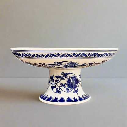 Blue & White Ceramic Pedestal Stand - Thorn and Burrow