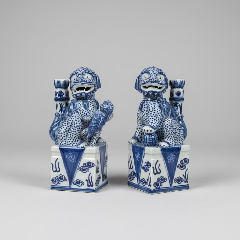 Blue & White Chinoiserie Ceramic Fu Dog Lion Set with Flower Holder