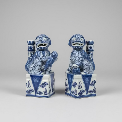 Blue & White Chinoiserie Ceramic Fu Dog Lion Set with Flower Holder