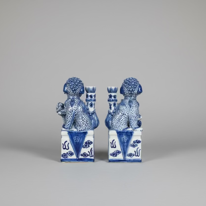 Blue & White Chinoiserie Ceramic Fu Dog Lion Set with Flower Holder