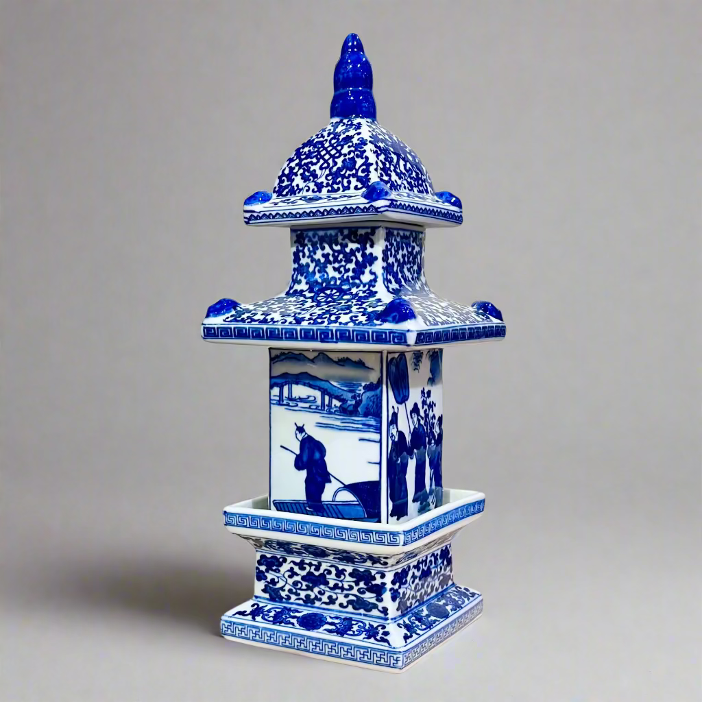 Blue & White Chinoiserie Pagoda Ceramic Storage Jar With Lid