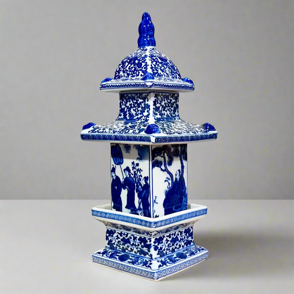 Blue & White Chinoiserie Pagoda Ceramic Storage Jar With Lid