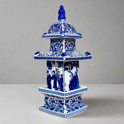 Blue & White Chinoiserie Pagoda Ceramic Storage Jar With Lid