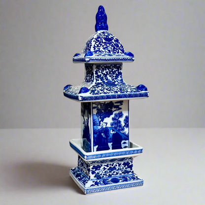 Blue & White Chinoiserie Pagoda Ceramic Storage Jar With Lid