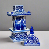 Blue & White Chinoiserie Pagoda Ceramic Storage Jar With Lid