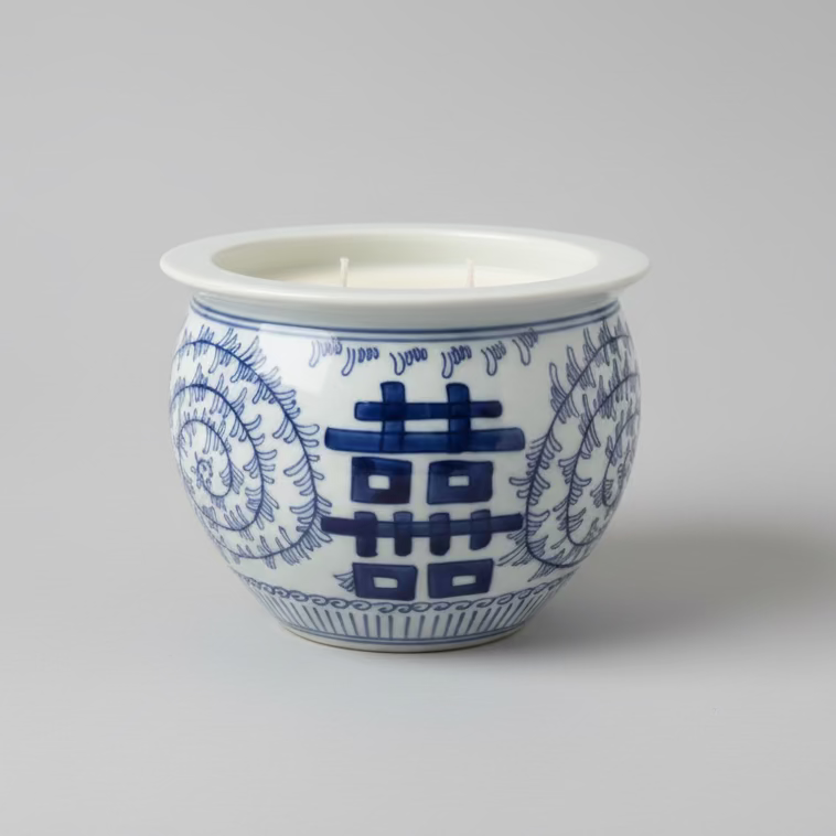 Blue & White Double Happiness Round Ceramic Pot with Candle