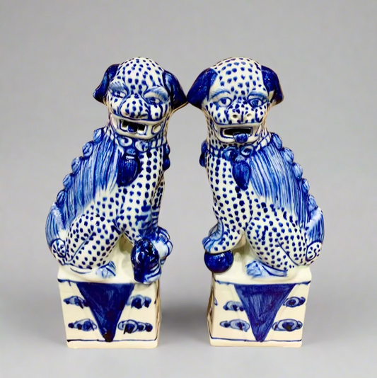 Blue & White Spotted Chinoiserie Ceramic Fu Dog Lion Set