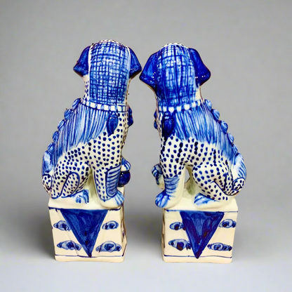 Blue & White Spotted Chinoiserie Ceramic Fu Dog Lion Set
