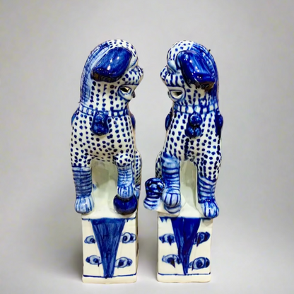 Blue & White Spotted Chinoiserie Ceramic Fu Dog Lion Set