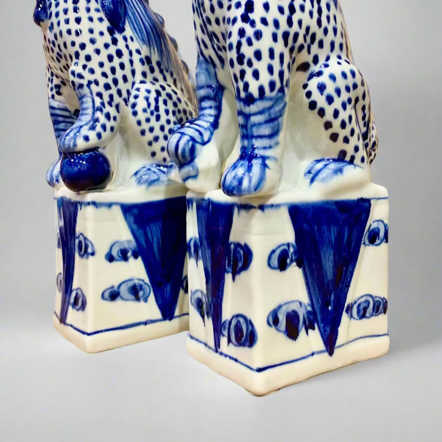 Blue & White Spotted Chinoiserie Ceramic Fu Dog Lion Set