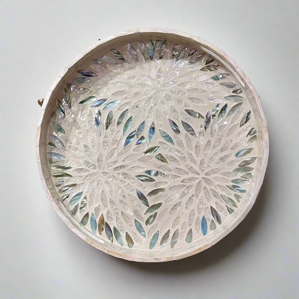 Blue & White Starburst Shell Inlay Round Serving Tray