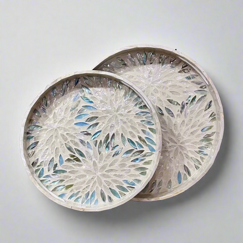 Blue & White Starburst Shell Inlay Round Serving Tray