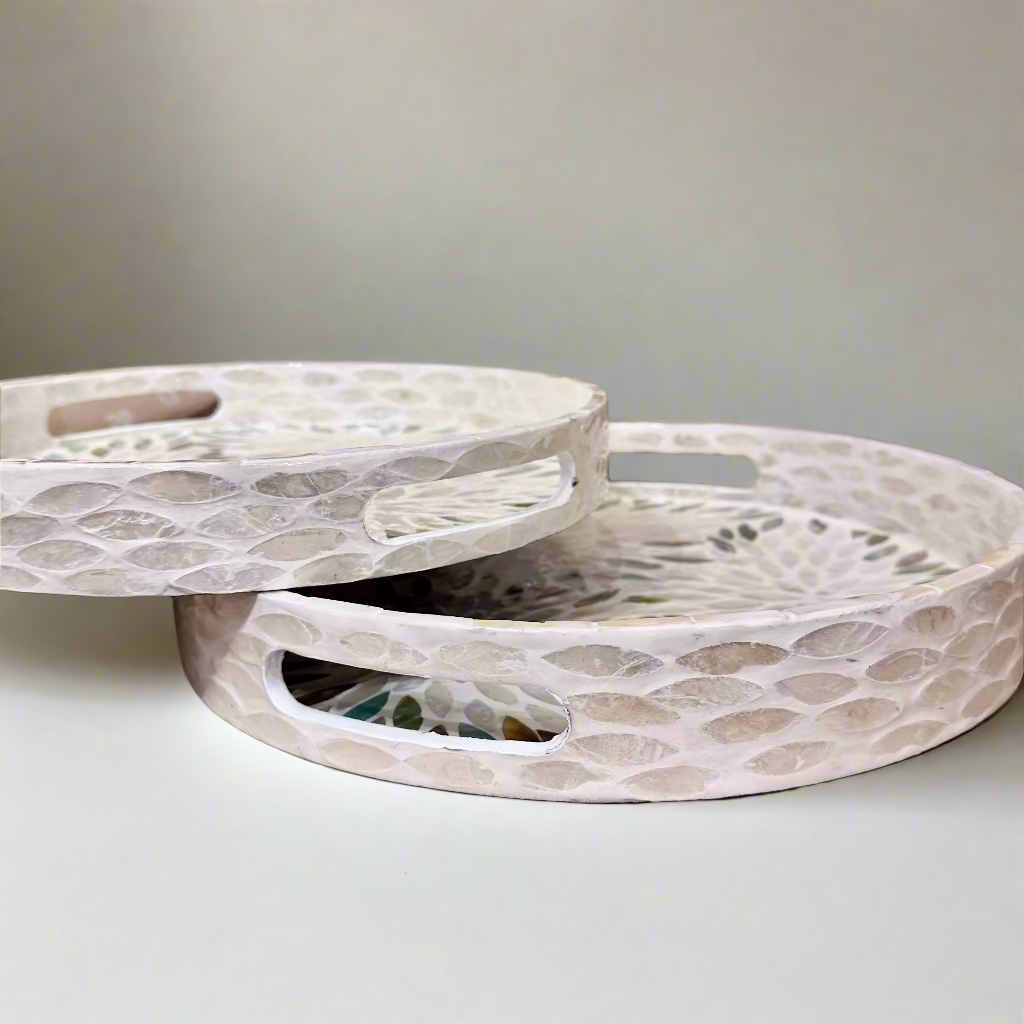 Blue & White Starburst Shell Inlay Round Serving Tray