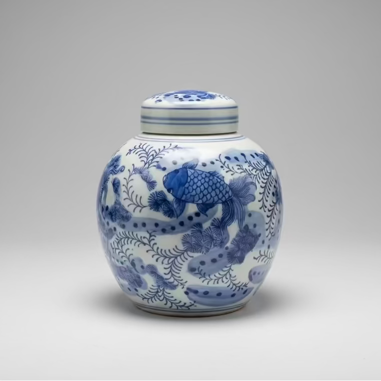 Blue & White Ceramic Round Ginger Jar