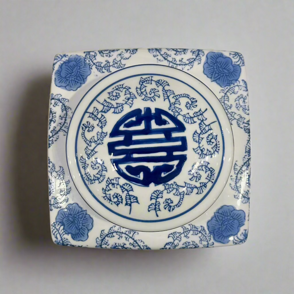 Blue & White Ceramic Double Happiness Jar With Lid - Thorn and Burrow