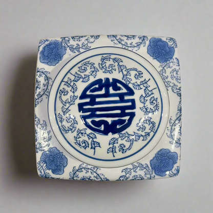 Blue & White Ceramic Double Happiness Jar With Lid - Thorn and Burrow