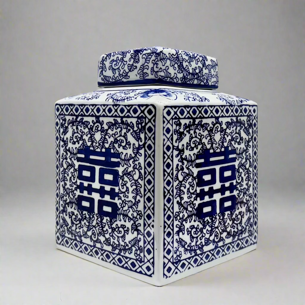 Blue & White Ceramic Double Happiness Jar With Lid - Thorn and Burrow