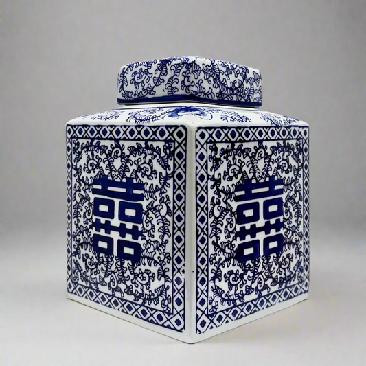 Blue & White Ceramic Double Happiness Jar With Lid - Thorn and Burrow