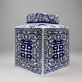 Blue & White Ceramic Double Happiness Jar With Lid - Thorn and Burrow
